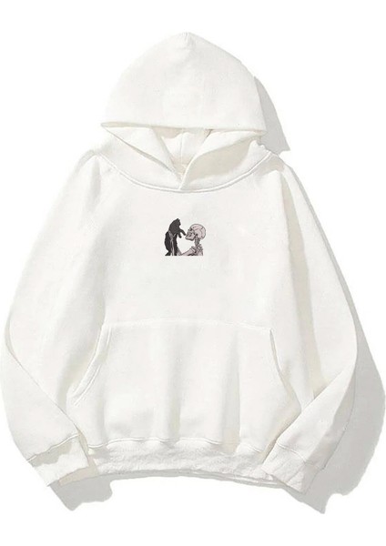 Unisex Skull And Cat Kedi Sevgisi Ön Arka Baskılı Beyaz Sweatshirt Hoodie fiyatları