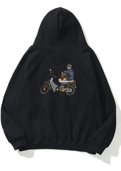 Unisex Motorun Üstünde Oturan Adam Ön Arka Baskılı Siyah Sweatshirt Hoodie
