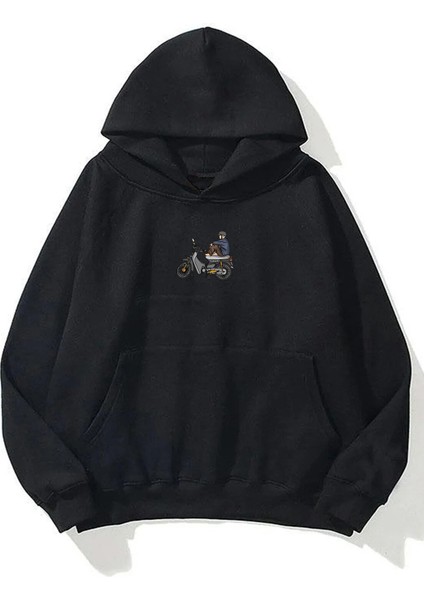 Unisex Motorun Üstünde Oturan Adam Ön Arka Baskılı Siyah Sweatshirt Hoodie fiyatları