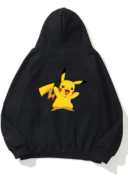 Unisex Pokemon Pikachu Ön Arka Baskılı Siyah Sweatshirt Hoodie