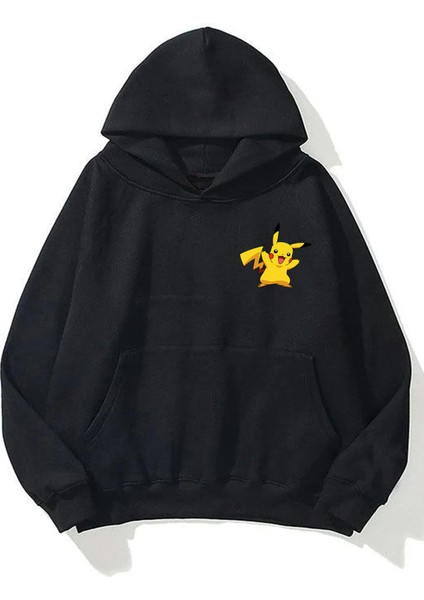 Unisex Pokemon Pikachu Ön Arka Baskılı Siyah Sweatshirt Hoodie fiyatları