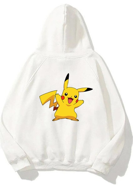 Unisex Pokemon Pikachu Ön Arka Baskılı Beyaz Sweatshirt Hoodie