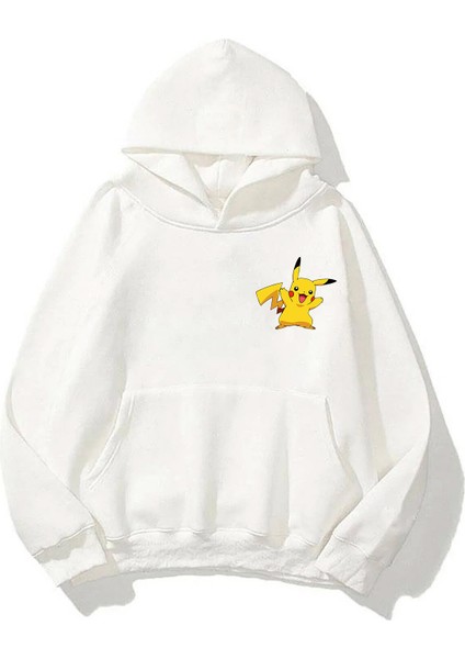 Unisex Pokemon Pikachu Ön Arka Baskılı Beyaz Sweatshirt Hoodie fiyatları