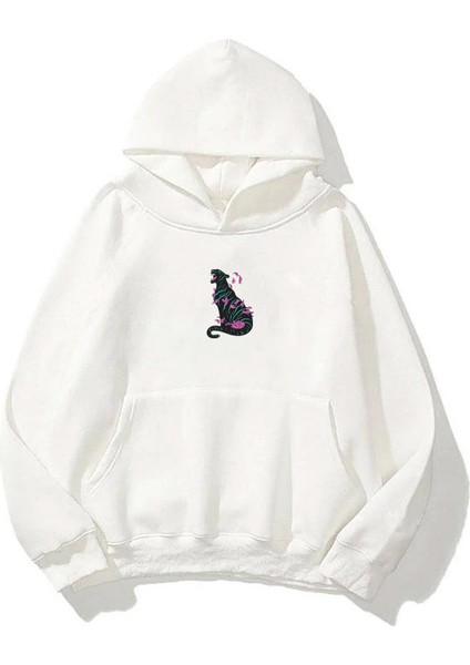 Unisex Black Panter Pembe Yapraklar Ön Arka Baskılı Beyaz Sweatshirt Hoodie fiyatları