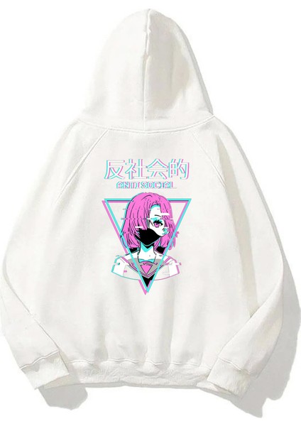 Unisex Anime Karakteri Antı Socıal Ön Arka Baskılı Beyaz Sweatshirt Hoodie