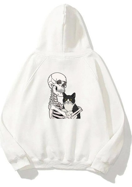 Unisex Cat Loving Skeleton Ön Arka Baskılı Beyaz Sweatshirt Hoodie