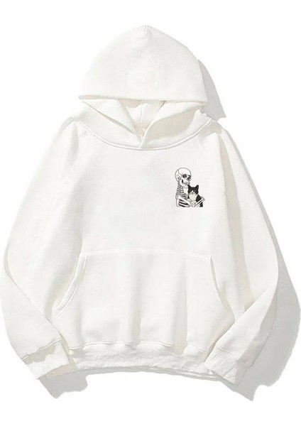 Unisex Cat Loving Skeleton Ön Arka Baskılı Beyaz Sweatshirt Hoodie fiyatları