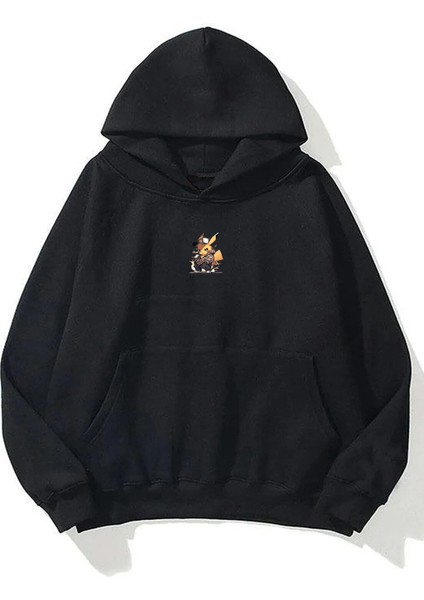 Unisex Pika Pika Pokemon Ön Arka Baskılı Siyah Sweatshirt Hoodie