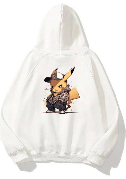 Unisex Pika Pika Pokemon Ön Arka Baskılı Beyaz Sweatshirt Hoodie
