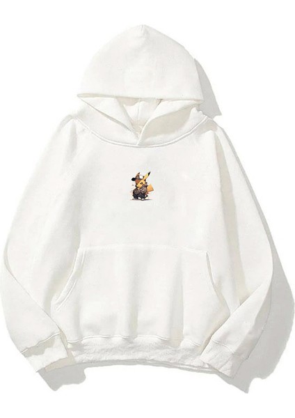 Unisex Pika Pika Pokemon Ön Arka Baskılı Beyaz Sweatshirt Hoodie
