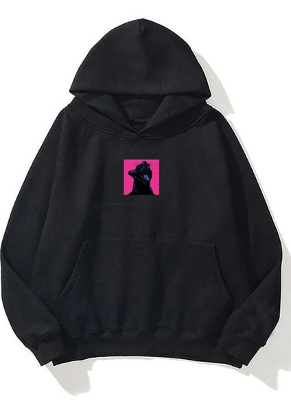 Unisex Black Panther Pembe Ön Arka Baskılı Siyah Sweatshirt Hoodie