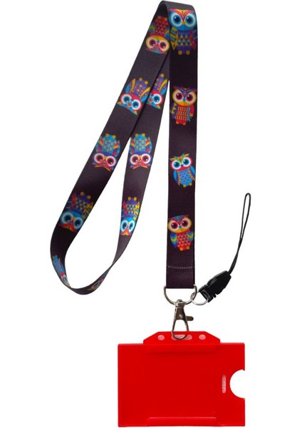 Baykuş Renkli Kart Askı Ipi, Yaka Askı Ipi, Telefon Askısı ve Kırmızı Plastik Yatay Kartlık