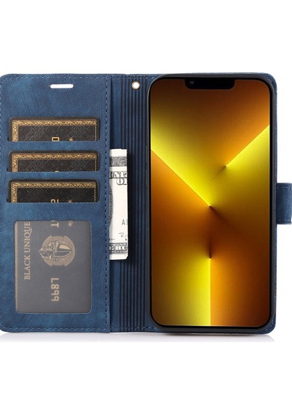 Cüzdan Stand Kapağı iPhone13 Pro Max Deri Kılıfı Bilek Kayış Mavisi (Yurt Dışından)