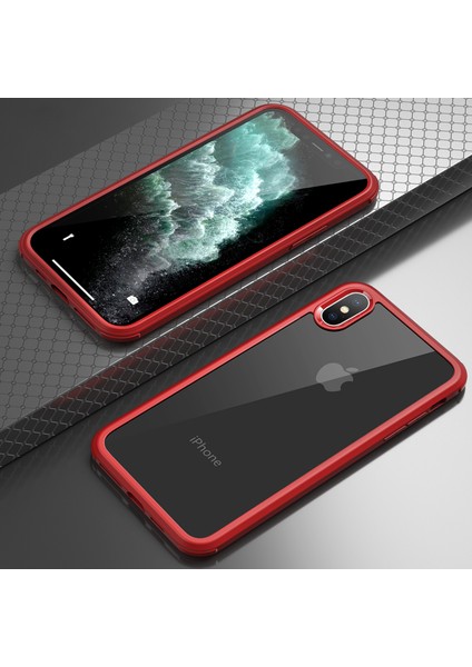 iPhoneXs Max 360 Derecelik Çift Taraflı Koruma Kasası Temperli Cam+Silikon Çerçeve Telefon Kapak-Kırmızı (Yurt Dışından)