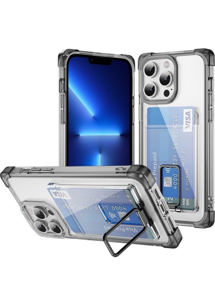 iPhone13 Pro Kickstand Case Card Yuvası (Büyük Arka Lens Deliği) Için Ysm Takviyeli Köşeler Serisi -Transparent Siyah (Yurt Dışından)