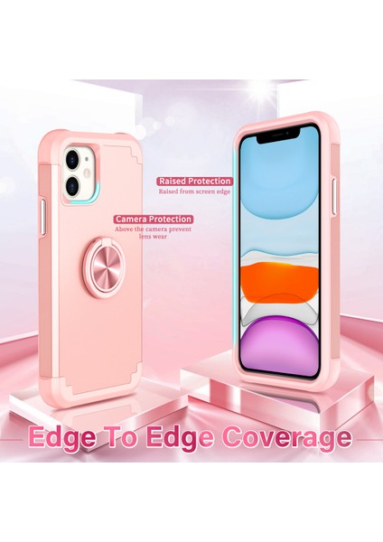iPhone11 Case Pc+Tpu Hybrid Telefon Geri Kapak Halka Tutucu Pembe-Rose Altın (Yurt Dışından)