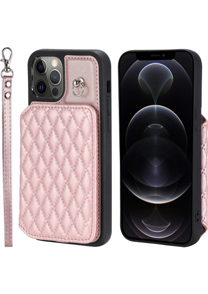iPhone12/12 Pro 6.1 Inç Kickstand Pu Deri+Tpu Rfıd Engelleme Telefon Kabuğu Bilek Kayış Rose Altın (Yurt Dışından)
