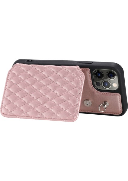 iPhone12/12 Pro 6.1 Inç Kickstand Pu Deri+Tpu Rfıd Engelleme Telefon Kabuğu Bilek Kayış Rose Altın (Yurt Dışından)