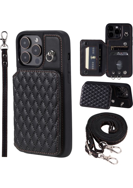 iPhone13 Pro Max Için 6.7 Inç Şok Geçirmez Telefon Kasası Rfıd Engelleme Pu+Tpu Telefon Kabuğu Straps-Black (Yurt Dışından)