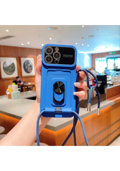 iPhone13 Pro 6.1 Inç Kart Sahibi Pc+Tpu Kılıf Halkası Kickstand Damla Kanıtı Telefon Kapağı Uzun Kayış Mavisi ile (Yurt Dışından)