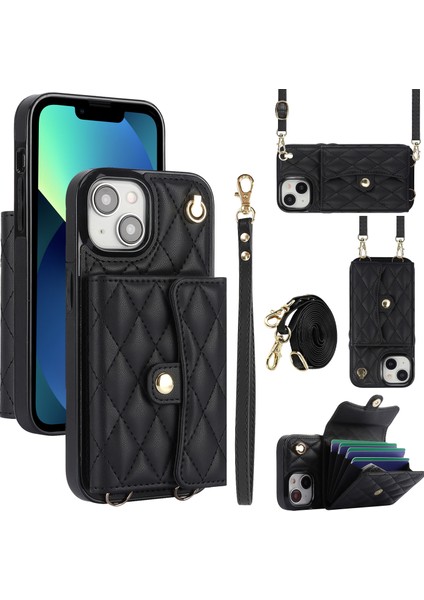 026 iPhone13 Mini Telefon Kartı Kılıfı Deri Kaplamalı Tpu Kickstand Cover-Black (Yurt Dışından)