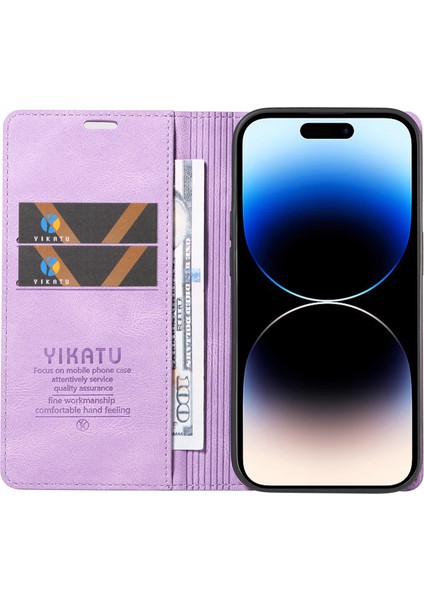 iPhone14 Pro Magnetic Pu Deri Cüzdan Kılıfı Bırak-Kötü Stand Telefon Kapak Morası (Yurt Dışından)
