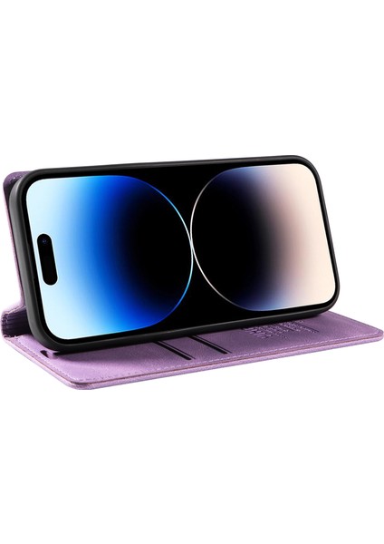 iPhone14 Pro Magnetic Pu Deri Cüzdan Kılıfı Bırak-Kötü Stand Telefon Kapak Morası (Yurt Dışından)
