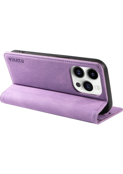 iPhone14 Pro Magnetic Pu Deri Cüzdan Kılıfı Bırak-Kötü Stand Telefon Kapak Morası (Yurt Dışından)