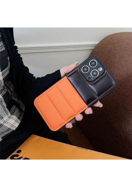 iPhone14 Pro Max Telefon Kılıfı Pu Deri Kaplamalı Tpu Birleştirme Renk Puffer Ceket Kabuk-Orange (Yurt Dışından)