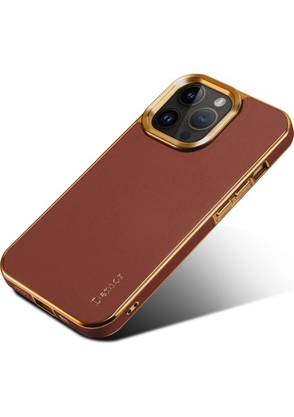 iPhone13 Pro Electroclating Geri Kapak Orijinal Inek Deri Kaplamalı Pc Koruyucu Telefon Vaka-Brown (Yurt Dışından)