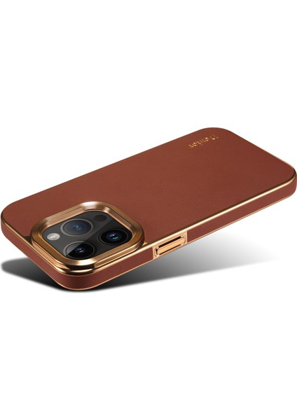 iPhone13 Pro Electroclating Geri Kapak Orijinal Inek Deri Kaplamalı Pc Koruyucu Telefon Vaka-Brown (Yurt Dışından)