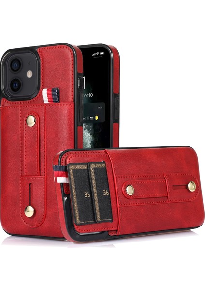 iPhone12 Mini 5,4 Inçlik Kasa Gizli Kart Tutucu Şok Geçirmez Pu Deri Kaplamalı Tpu Telefon Kapak Kırmızısı (Yurt Dışından)
