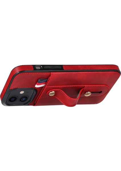 iPhone12 Mini 5,4 Inçlik Kasa Gizli Kart Tutucu Şok Geçirmez Pu Deri Kaplamalı Tpu Telefon Kapak Kırmızısı (Yurt Dışından)
