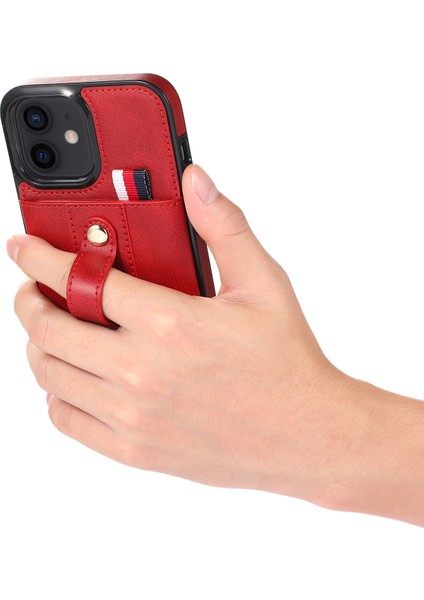 iPhone12 Mini 5,4 Inçlik Kasa Gizli Kart Tutucu Şok Geçirmez Pu Deri Kaplamalı Tpu Telefon Kapak Kırmızısı (Yurt Dışından)
