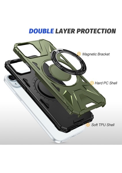 iPhone13/14 Için 6.1 Inç Manyetik Telefon Kasası Tpu+Pc Kickstand Koruyucu Kapak-Karanlık Yeşil (Yurt Dışından)