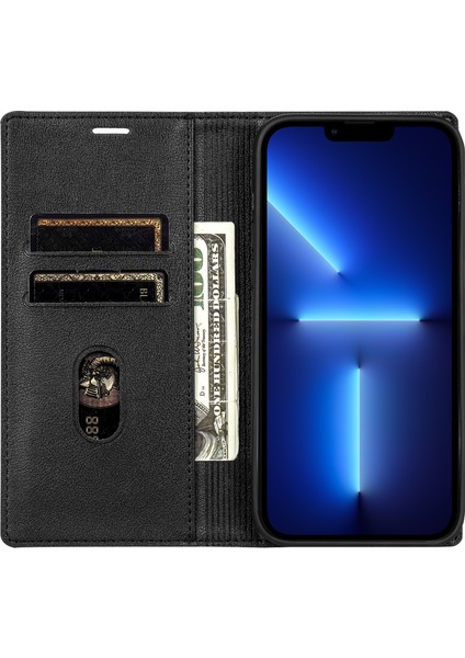 iPhone13 Pro Max Için 6.7 Inç Telefon Manyetik Kasa Deri Deri Anti-Düşme Kart Yuvası Kapak-Siyah (Yurt Dışından)