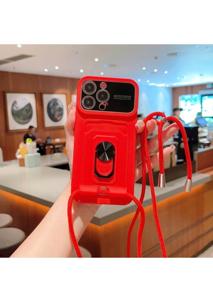 iPhone14 Pro Kart Tutucu Pc+Tpu Yumru Kanıtı Kasa Kickstand Telefon Kapağı Uzun Kayış Kırmızısı (Yurt Dışından)