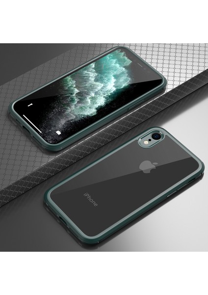 iPhoneXr Için Tam Vücut Koruma Açık Kılıf Çift Side Temperli Cam+Silikon Çerçeve Telefon Kapak Midnight Green (Yurt Dışından)