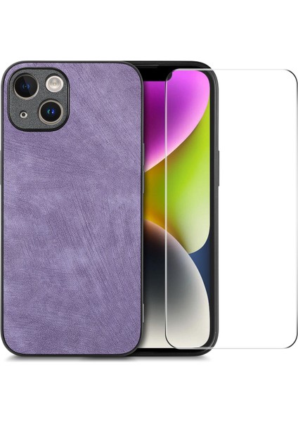 iPhone14 Plus Vintage Pu Deri Kaplamalı Pc Telefon Kapağı Açık Yüksek Alüminyum Silicon Cam Film-Morası (Yurt Dışından)