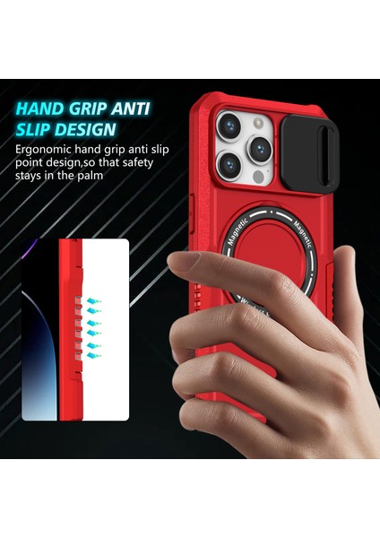 iPhone14 Pro Max Case Lens Koruma Kickstand Manyetik Telefon Kapak-Kırmızı (Yurt Dışından)