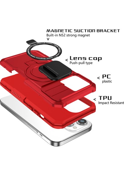 iPhone14 Pro Max Case Lens Koruma Kickstand Manyetik Telefon Kapak-Kırmızı (Yurt Dışından)