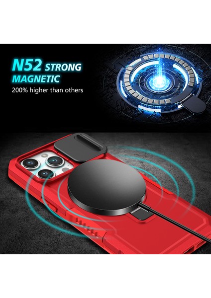 iPhone14 Pro Max Case Lens Koruma Kickstand Manyetik Telefon Kapak-Kırmızı (Yurt Dışından)