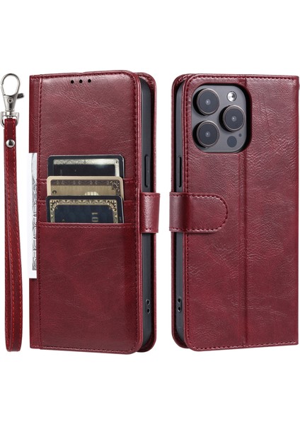Strap-Wine Red ile Kart Tutucu Telefon Stand Kapağı ile iPhone13 Pro Deri Kılıfı (Yurt Dışından)