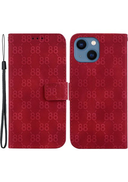 iPhone14 Plus Içinartı Çifte 8 Şekilli Baskı Kapağı Önleme Önleyici Deri Standı Cüzdanlı Telefon Vaka Kırmızısı (Yurt Dışından)