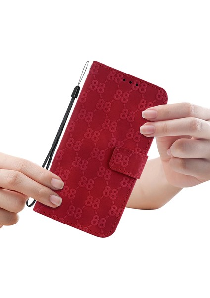 iPhone14 Plus Içinartı Çifte 8 Şekilli Baskı Kapağı Önleme Önleyici Deri Standı Cüzdanlı Telefon Vaka Kırmızısı (Yurt Dışından)