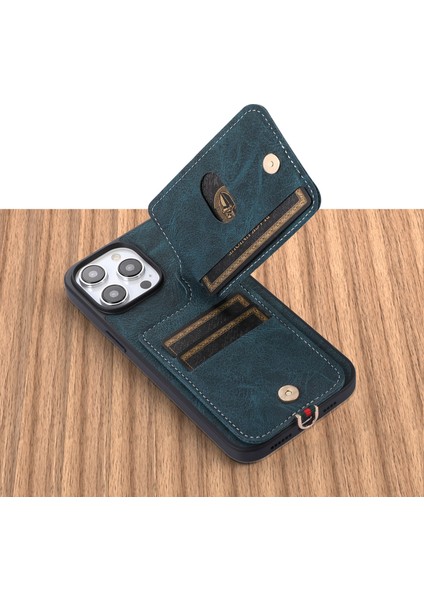 iPhone15 Pl Pu Deri Kaplamalı Tpu+Pc Kart Yuvaları Kapak Litchi Doku Kickstand Telefon Kılıfı Blue (Yurt Dışından)