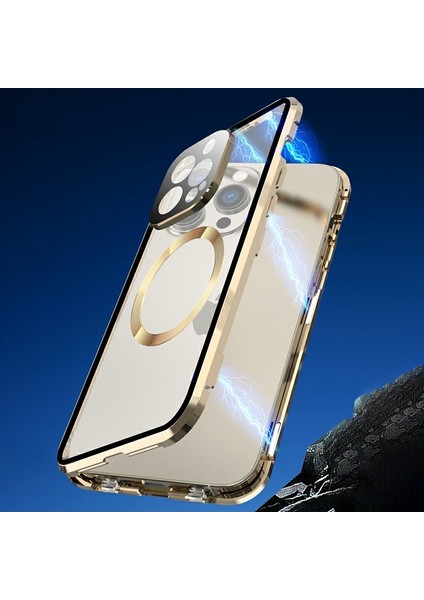 iPhone14 Pro Max Için Clear Telefon Kılıfı Temperlenmiş Cam Tam Koruma Manyetik Adsorpsiyon Kapak-Dark Mavi (Yurt Dışından)
