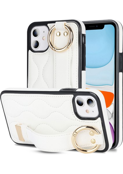 iPhone11 Case Wristband Kickstand Wave Desen Anti Drop Pu+Tpu Telefon Kapak-Beyaz (Yurt Dışından)