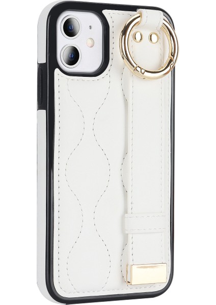 iPhone11 Case Wristband Kickstand Wave Desen Anti Drop Pu+Tpu Telefon Kapak-Beyaz (Yurt Dışından)