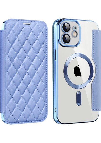 iPhone12 6.1 Inç Kart Tutucu Deri Telefon Kasası Magsafe Yerleşik Lens Filmi Rfıd Engelleme Kapak Bebek Mavisi ile Uyumlu (Yurt Dışından)